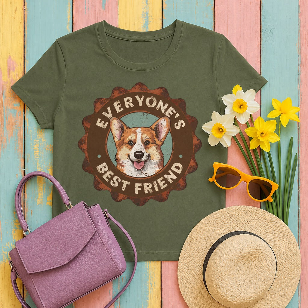 Everyone's Best Friend Corgi Dog With Sign Design T-Shirt in Military Green