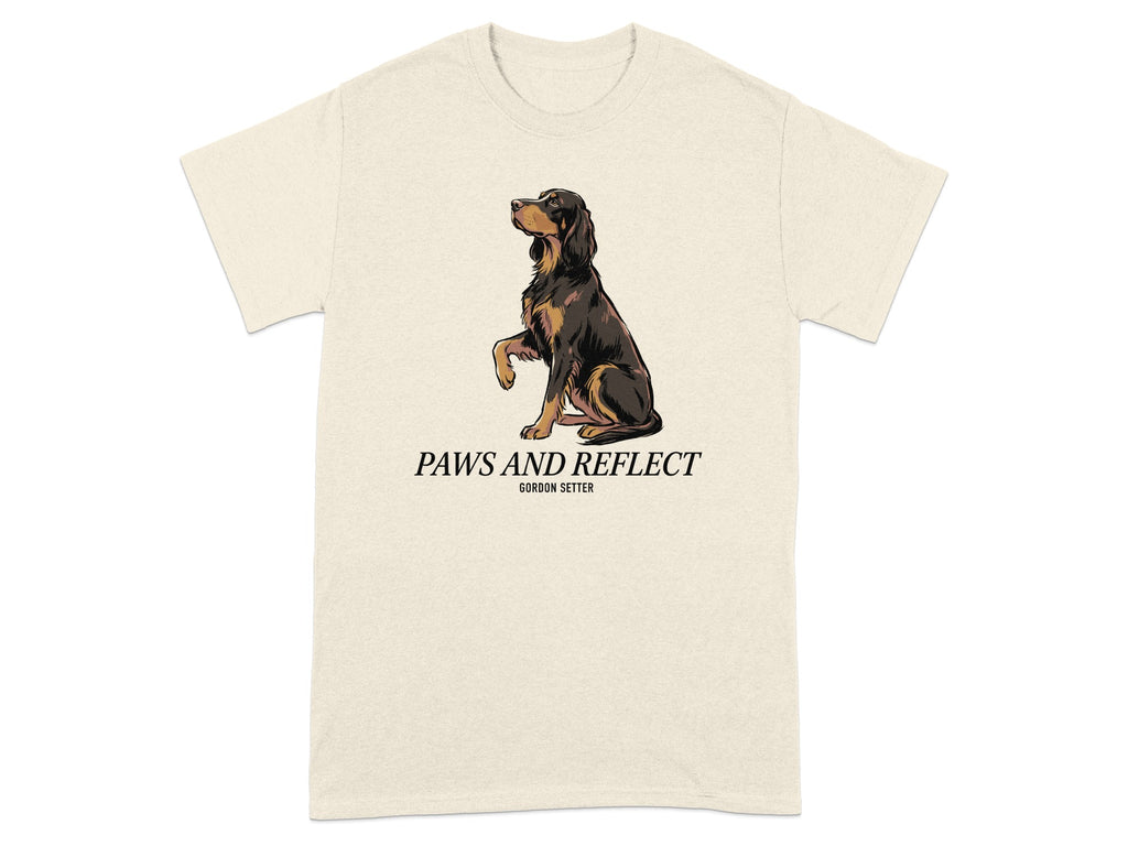 Gordon Setter on beige t-shirt, "PAWS AND REFLECT" text.