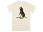Gordon Setter on beige t-shirt, "PAWS AND REFLECT" text.