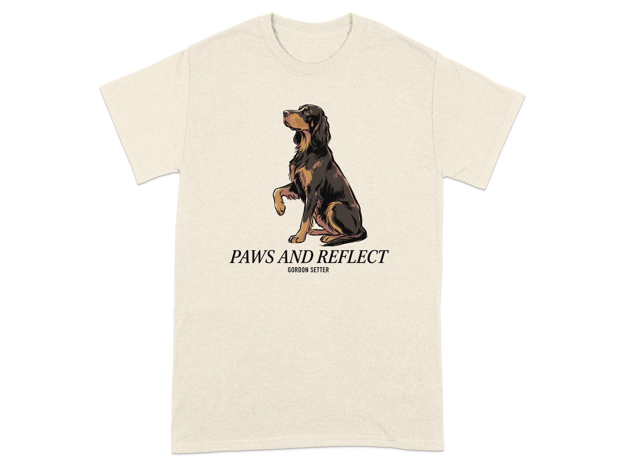 Gordon Setter on beige t-shirt, "PAWS AND REFLECT" text.