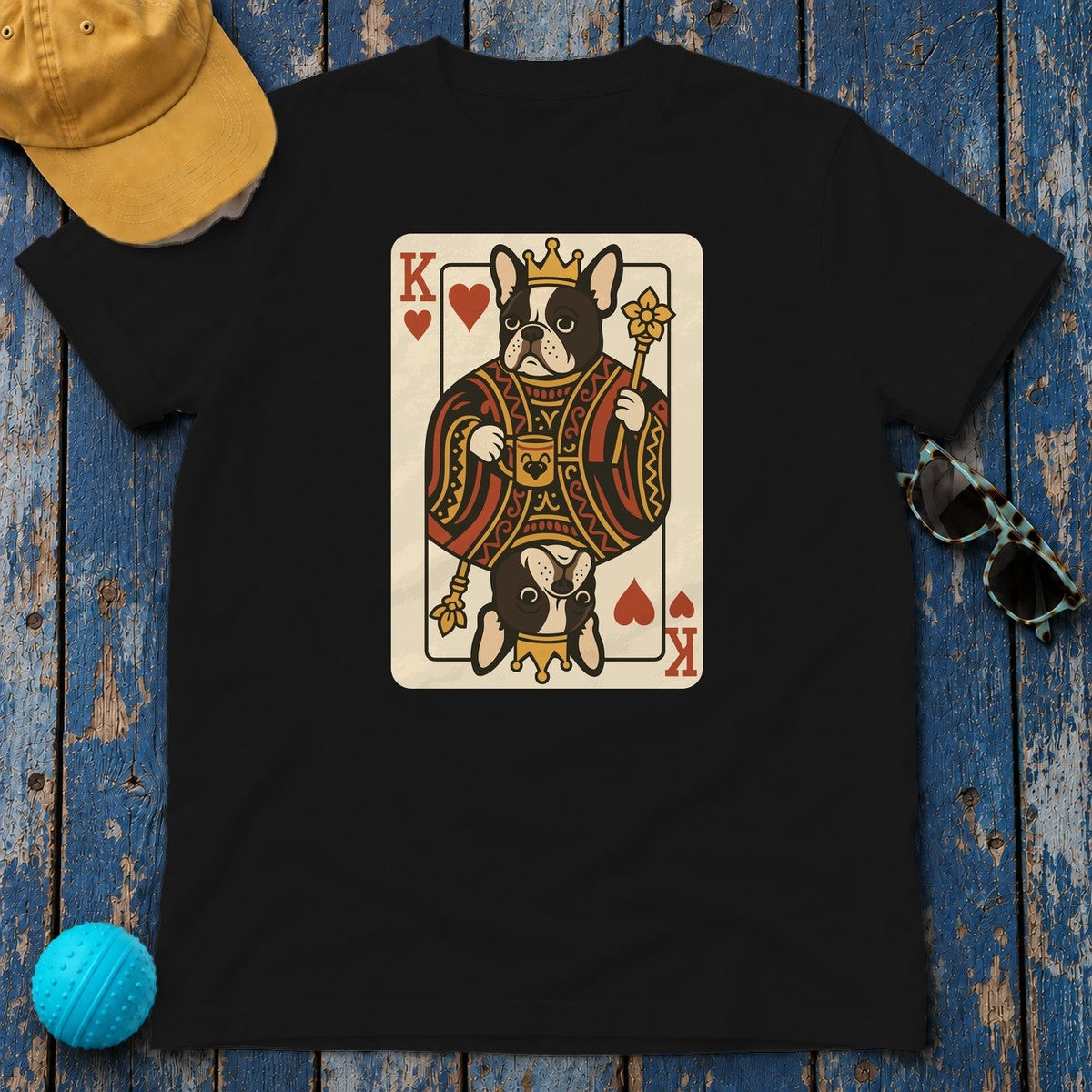 King Of Hearts French Bulldog Playing Card Funny Unique Design T-Shirt in Black