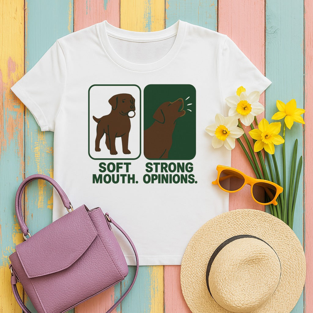 Chocolate Lab Soft Mouth Strong Opinions T-shirt in White