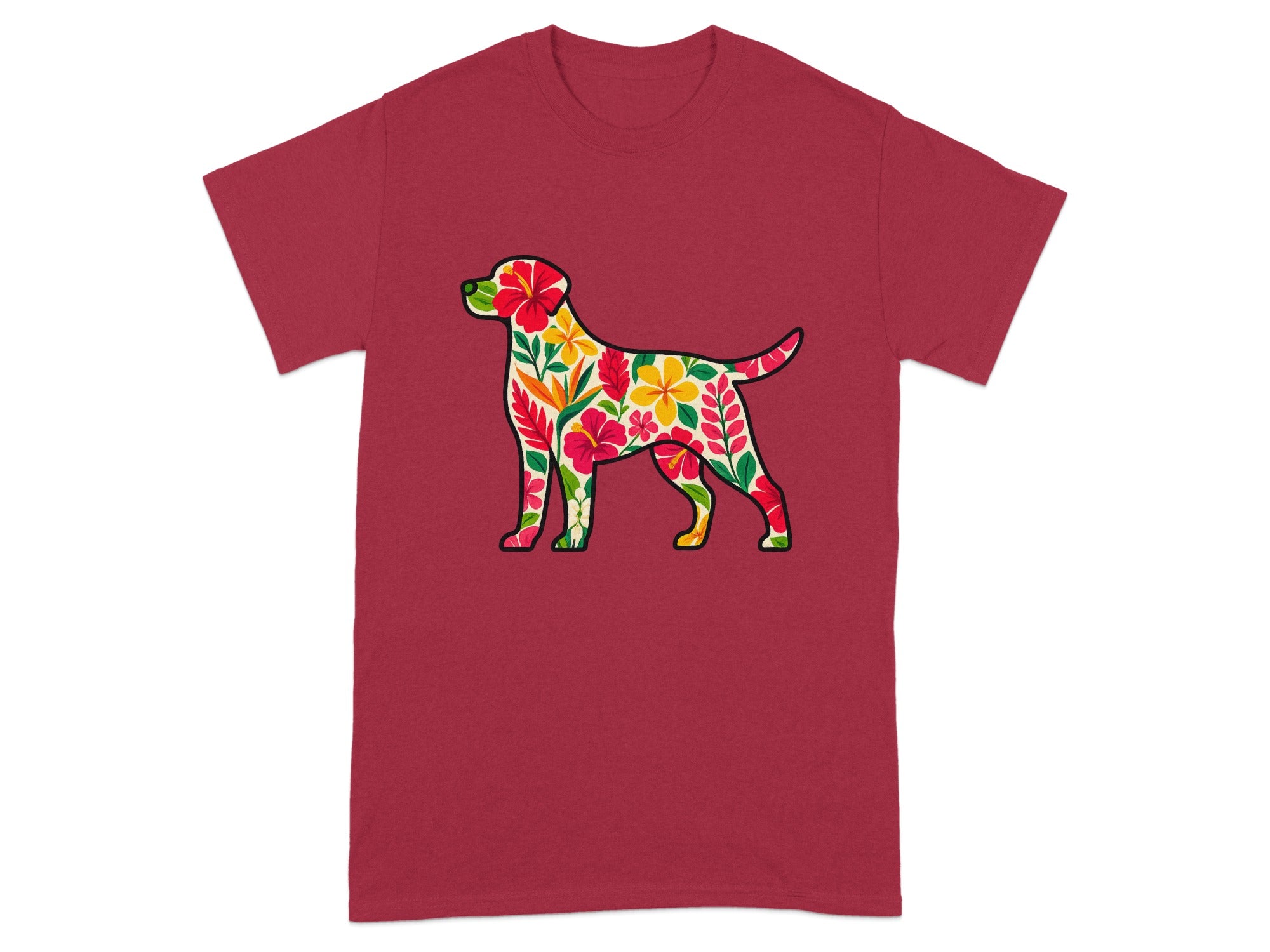 Vibrant Floral Dog Graphic on Bold Red T-Shirt