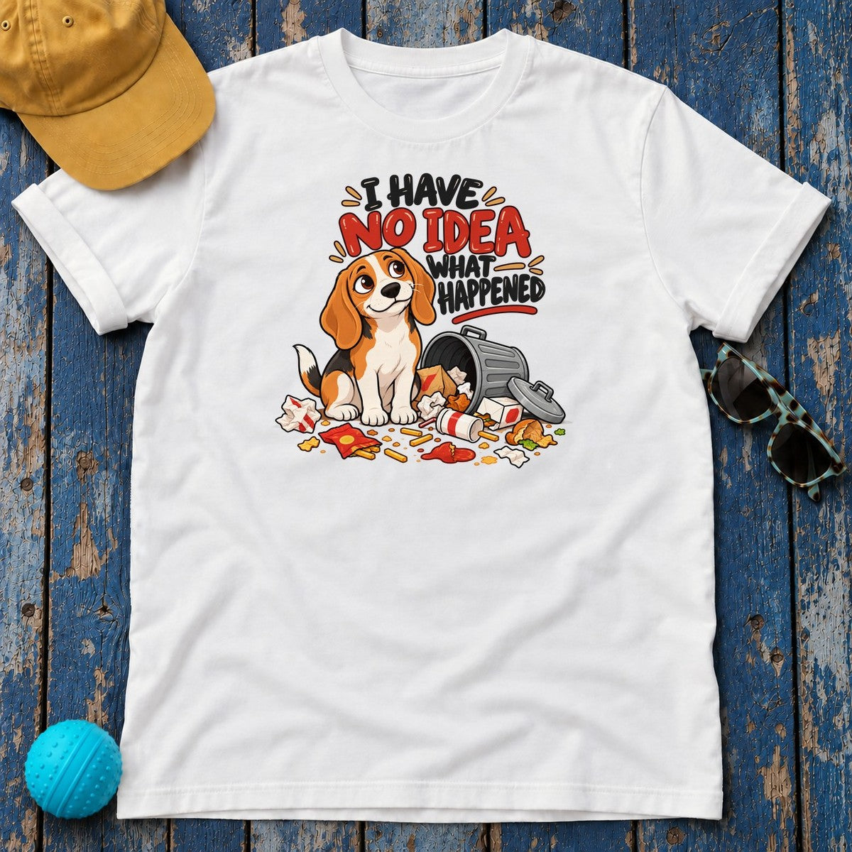I Have No Idea What Happened Beagle T-Shirt in White - flat lay