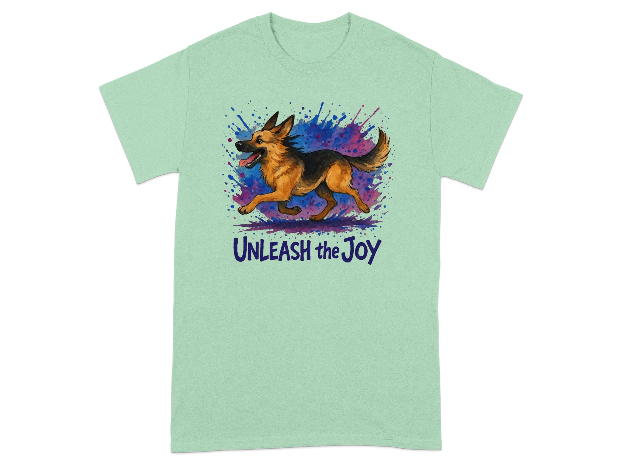 Green t-shirt with running German Shepherd and text "UNLEASH the Joy".