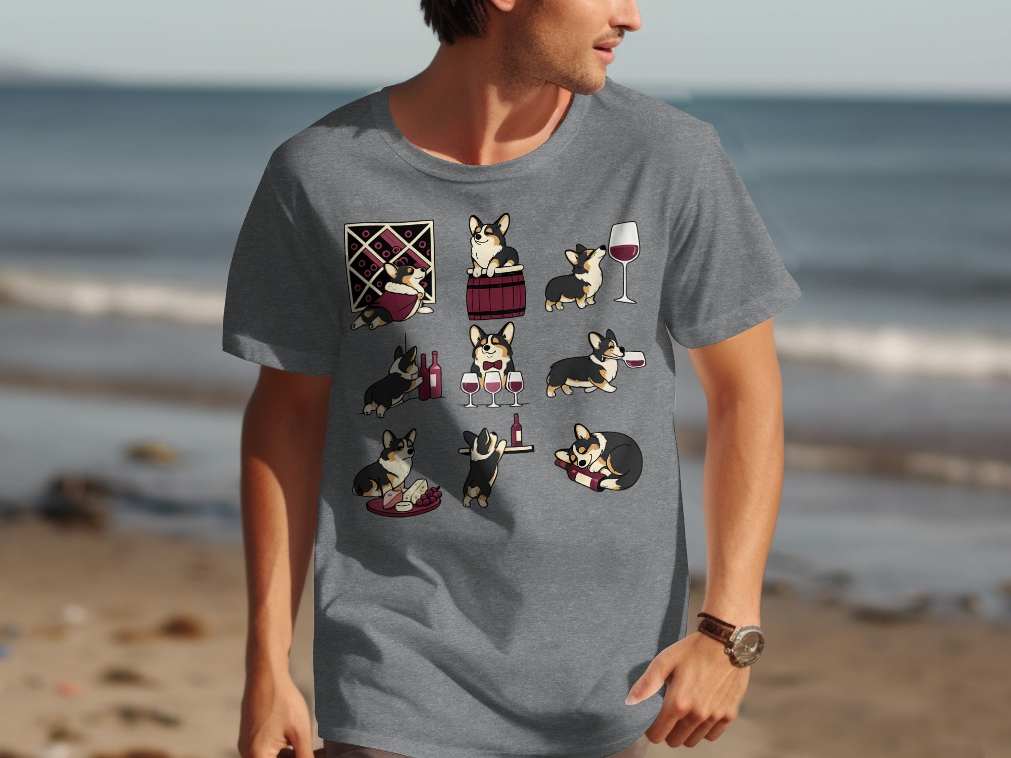 T-shirt with multiple illustrations of corgis enjoying wine and cheese.