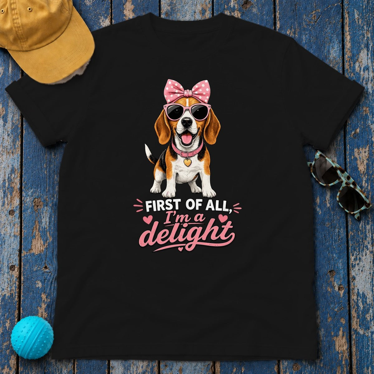 Pink Bow Beagle 'I'm A Delight' T-Shirt in Black