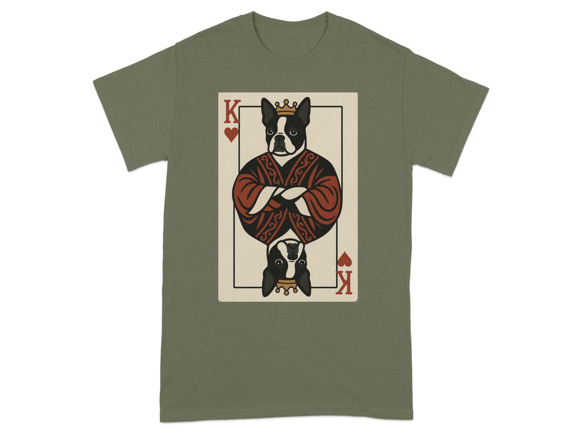 Boston Terrier in king playing card design on olive green t-shirt.