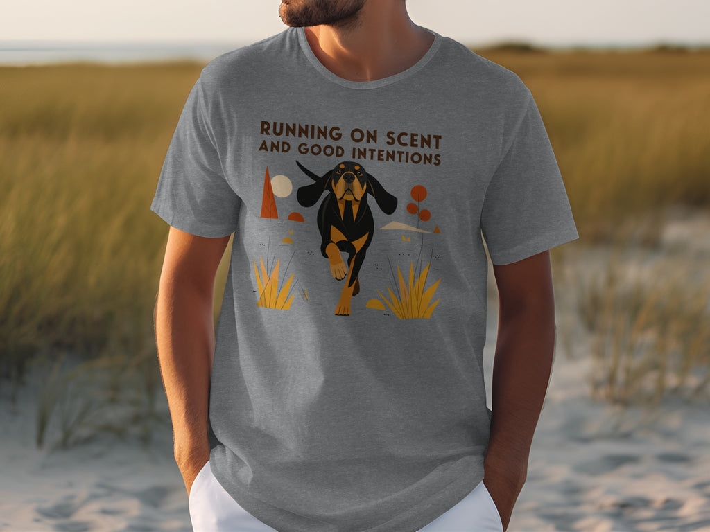 Gray t-shirt with a black and tan dog running, text "RUNNING ON SCENT AND GOOD INTENTIONS".