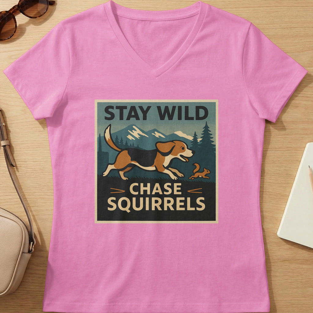 Pink t-shirt with "STAY WILD CHASE SQUIRRELS" graphic featuring a beagle and squirrel.