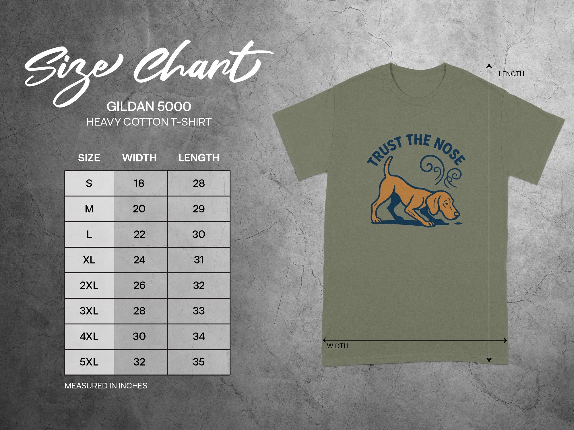 Gildan 5000 size chart for heavy cotton t-shirts with measurements in inches.