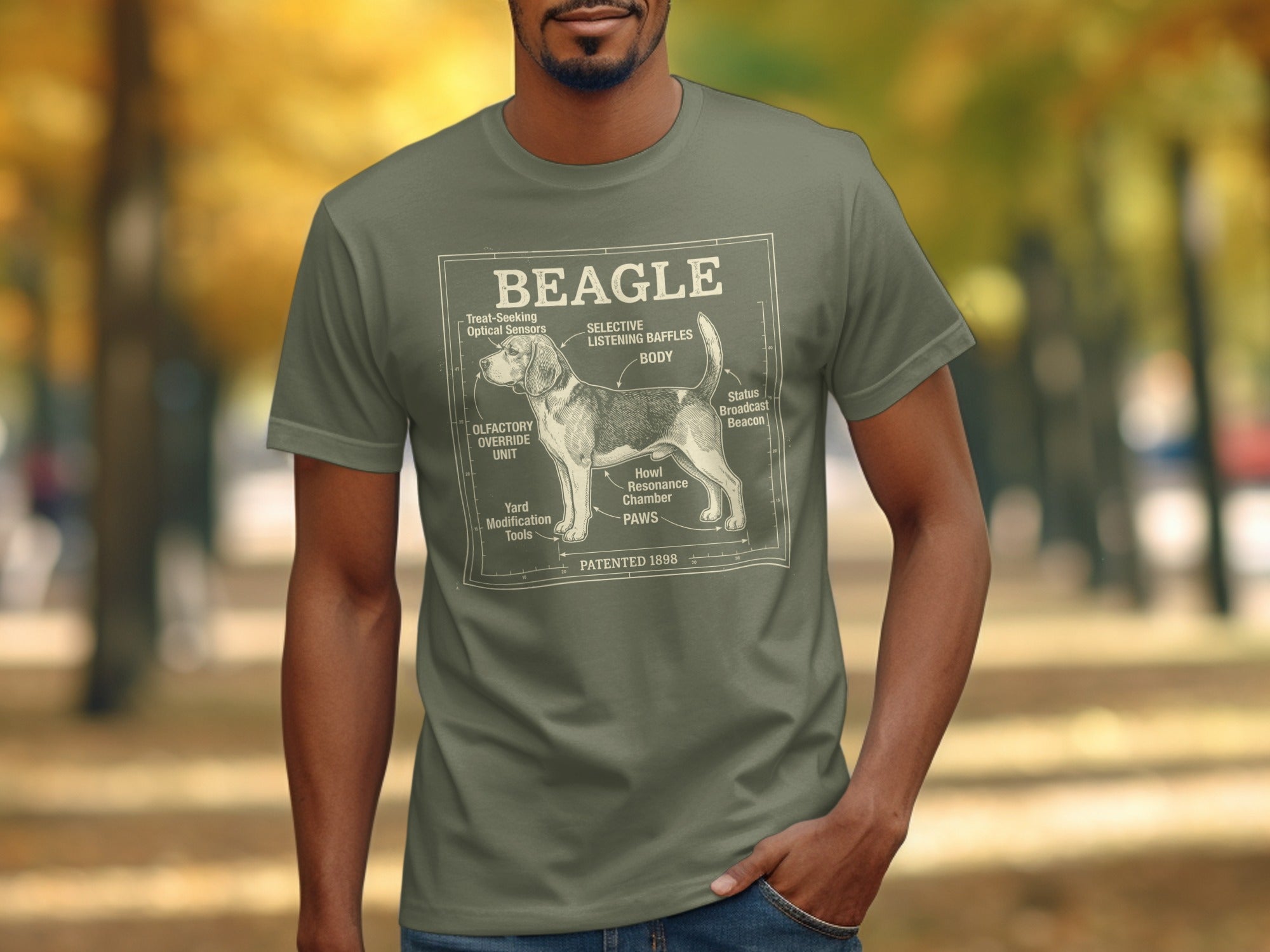 Beagle t-shirt with anatomical diagram and text, Patented 1898.