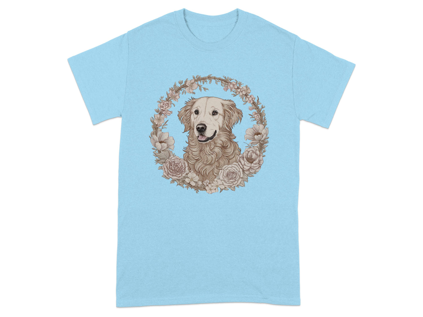 Dog Surrounded by Floral Design on Blue T-Shirt product type