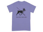 Purple t-shirt with black Boston Terrier graphic and text "Slow down, enjoy walks".