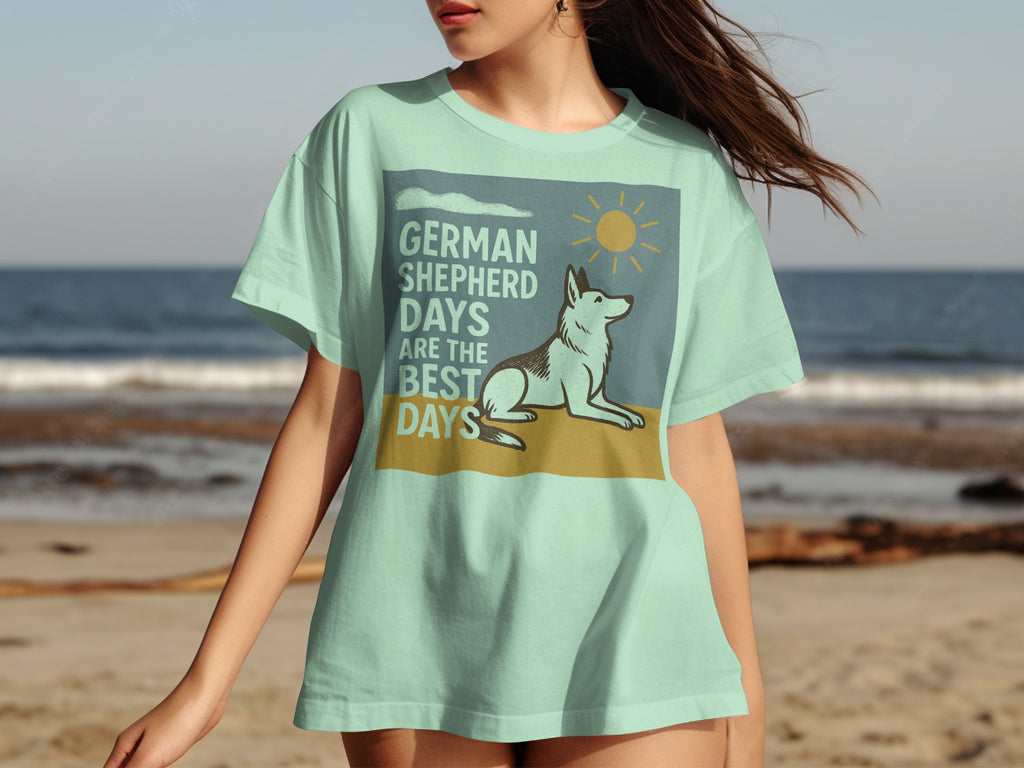 Light blue t-shirt with a graphic of a German Shepherd and text "German Shepherd days are the best days".