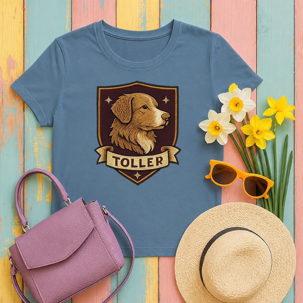 Nova Scotia Duck Tolling Retriever Toller Crest T-shirt in Steel Blue