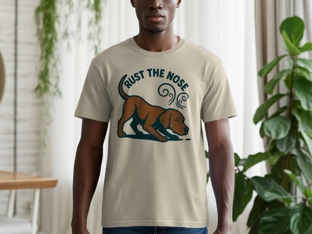 T-shirt with brown dog graphic and text "RUST THE NOSE".