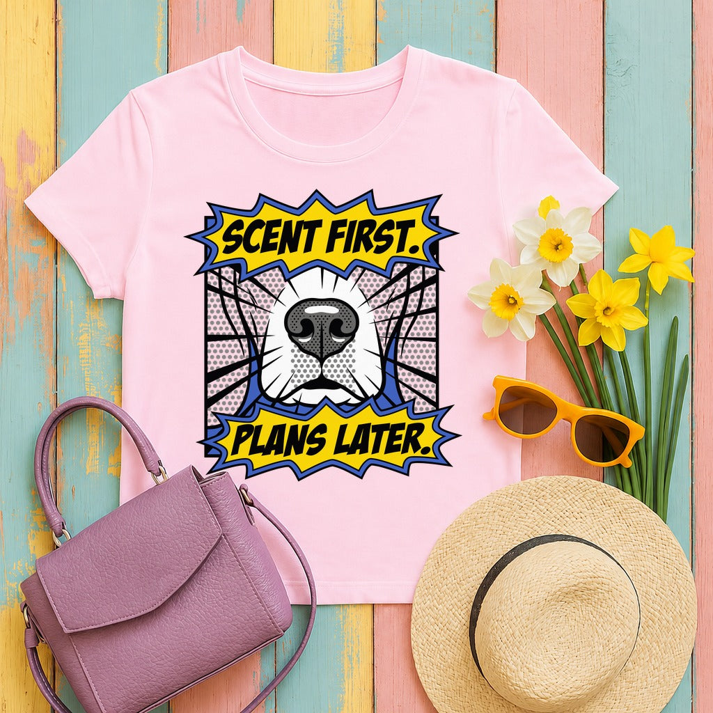 Scent First. Plans Later. Beagle T-Shirt in Light Pink