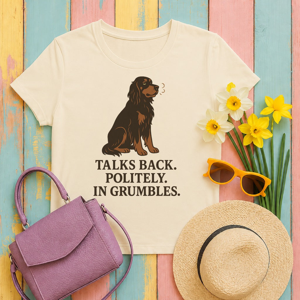 gordon setter talks-in-grumbles tee flat lay hero