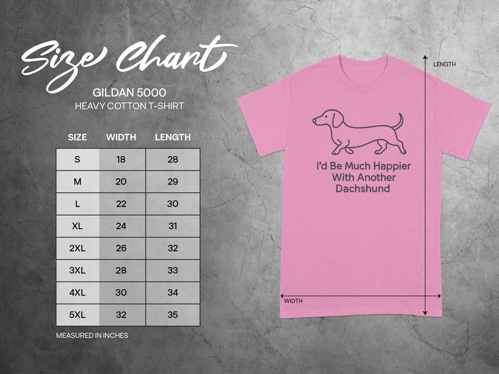 Gildan 5000 Heavy Cotton t-shirt size chart with dachshund graphic.