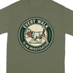 Olive t-shirt with a circular graphic of a beagle in a detective hat.