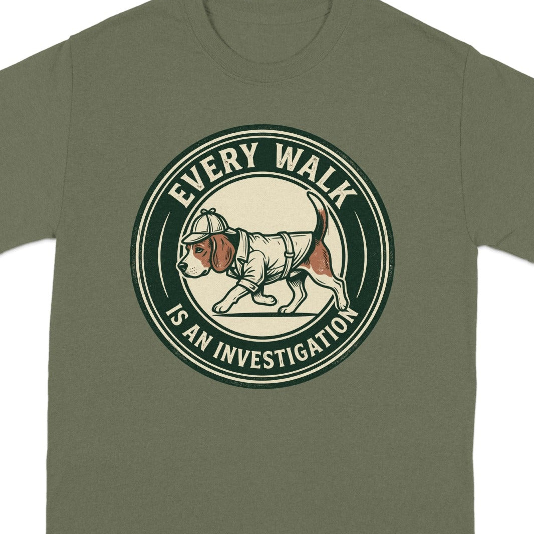 Olive t-shirt with a circular graphic of a beagle in a detective hat.