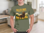Chocolate lab in field with "CALLED ONCE. THOUGHT ABOUT IT." text.