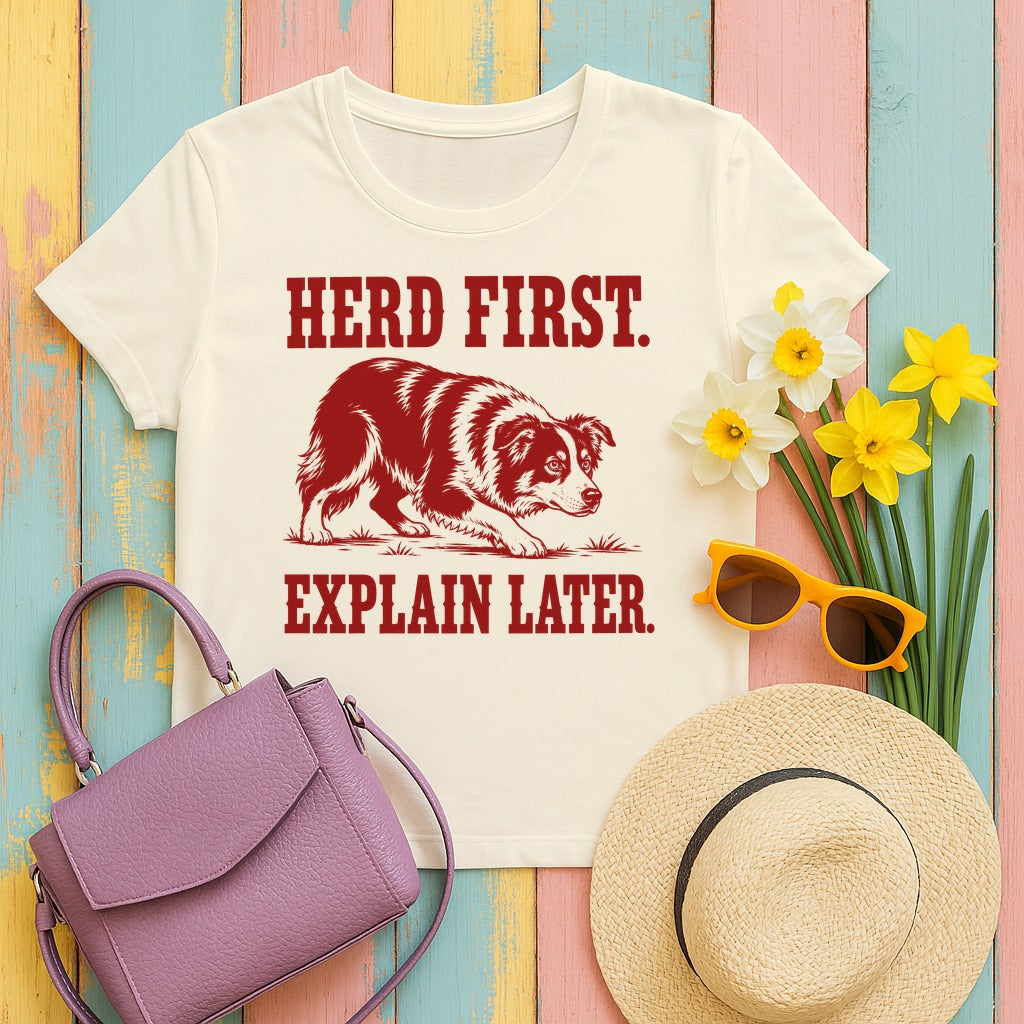Herd First. Explain Later. Border Collie T-shirt in Natural