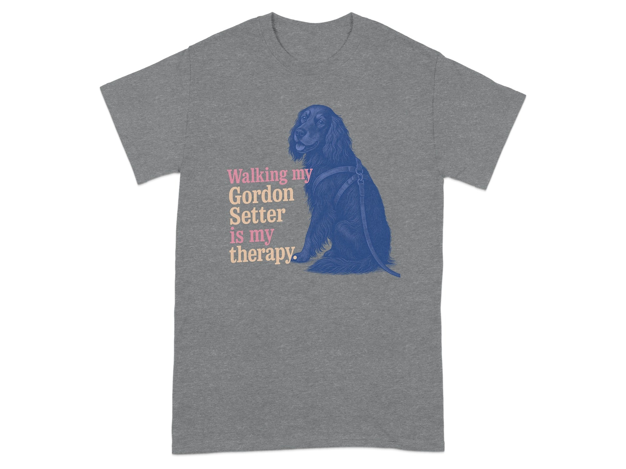 Grey t-shirt with Gordon Setter graphic and text "Walking my Gordon Setter is my therapy."