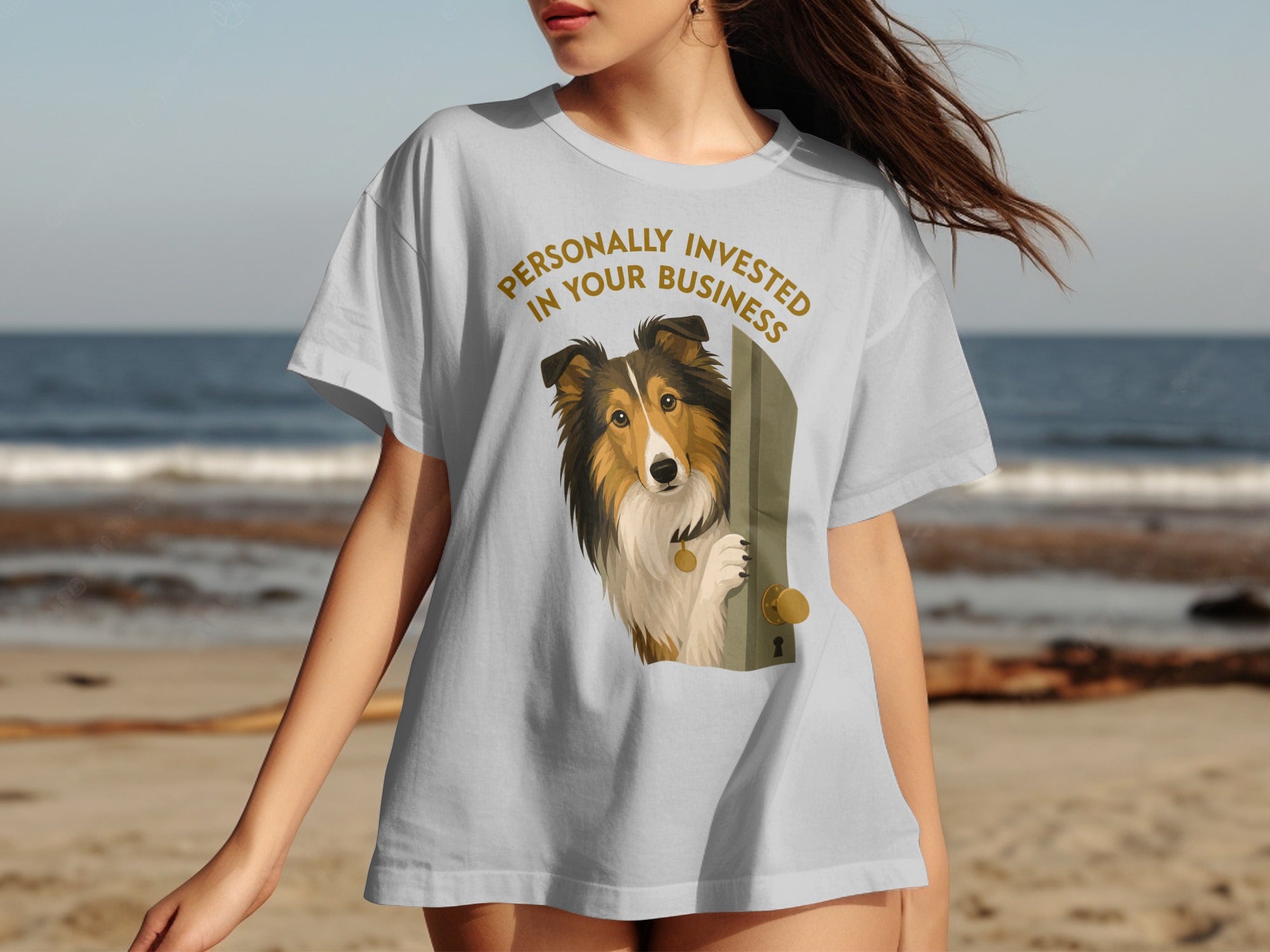 Sheltie peeking from a doorway, text reads "Personally Invested in Your Business".