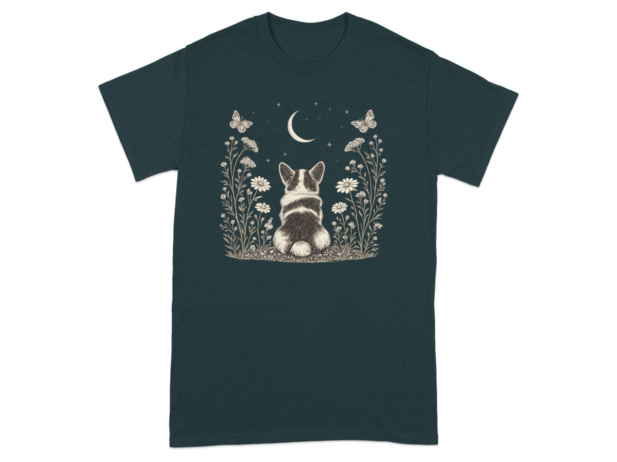 Corgi facing away under a crescent moon with butterflies and flowers.