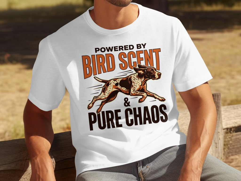 White t-shirt with brown graphic of running dog and text "Powered by Bird Scent & Pure Chaos".