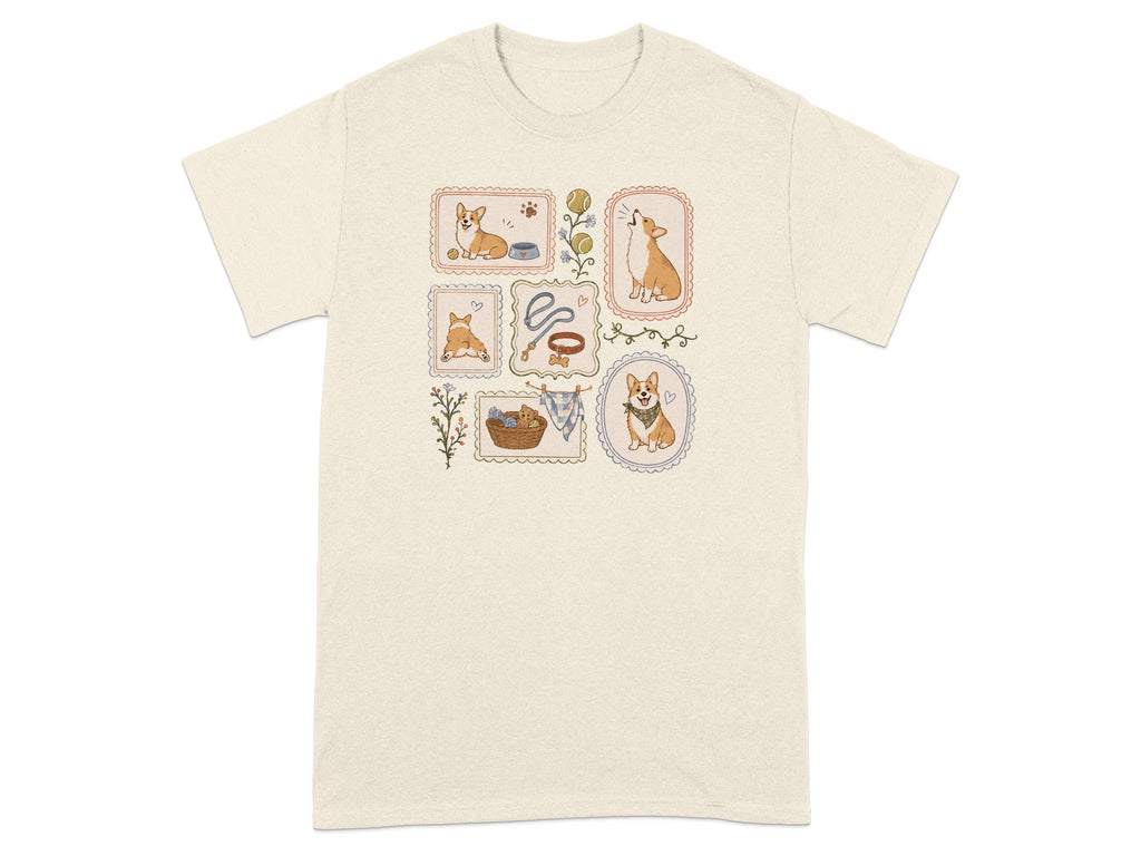 T-shirt with four framed illustrations of corgis and dog accessories.