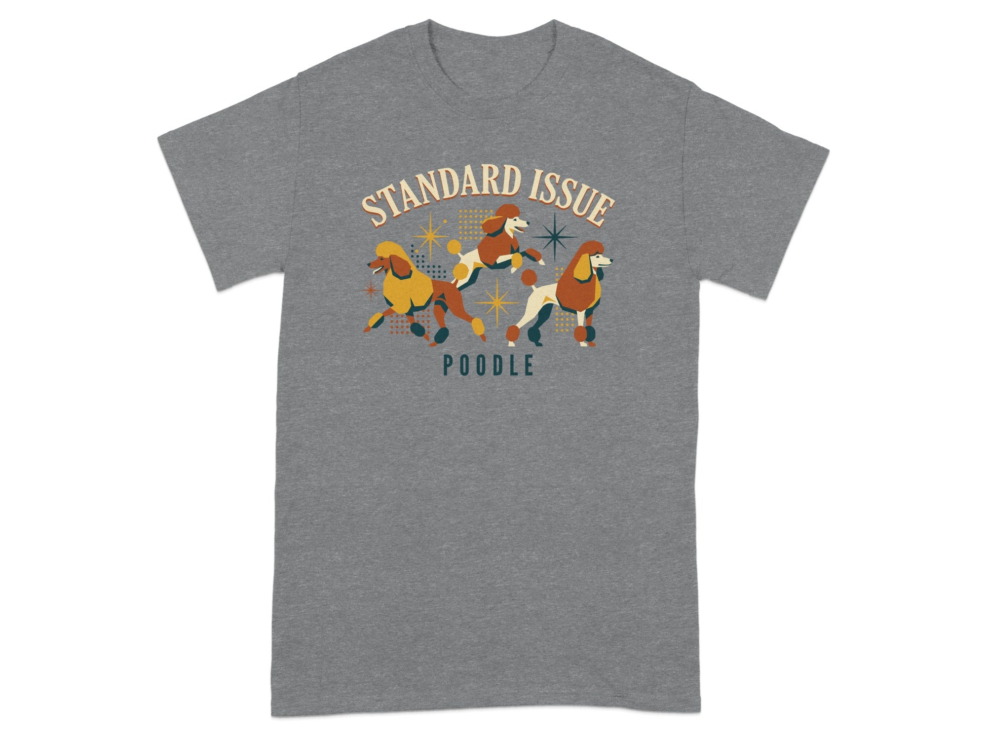 Three poodles in stylized poses with "STANDARD ISSUE Poodle" text.