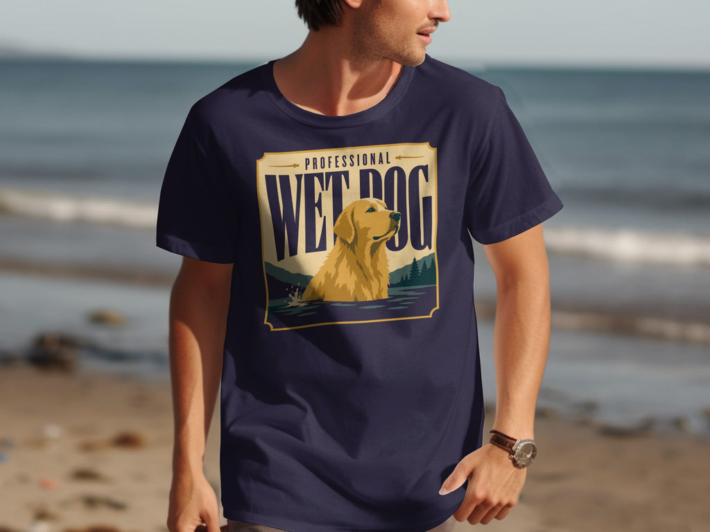 Navy t-shirt with "PROFESSIONAL WET DOG" text and golden retriever in water.