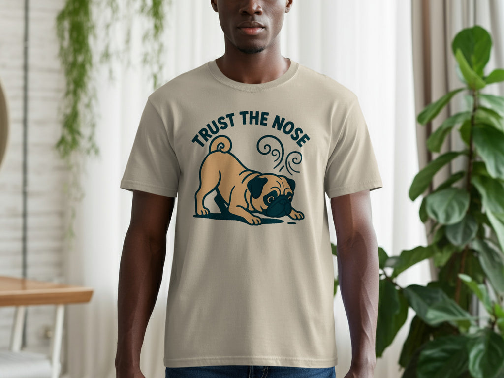 T-shirt with cartoon pug and text "TRUST THE NOSE".