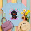 Cute Puppy Gordon Setter On Cloud Under Rainbows Stars and Hearts T-Shirt in Light Blue