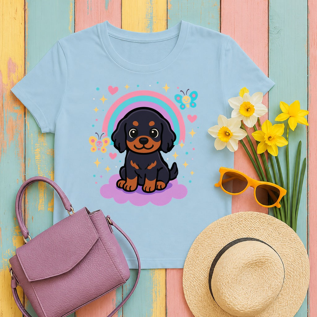 Cute Puppy Gordon Setter On Cloud Under Rainbows Stars and Hearts T-Shirt in Light Blue