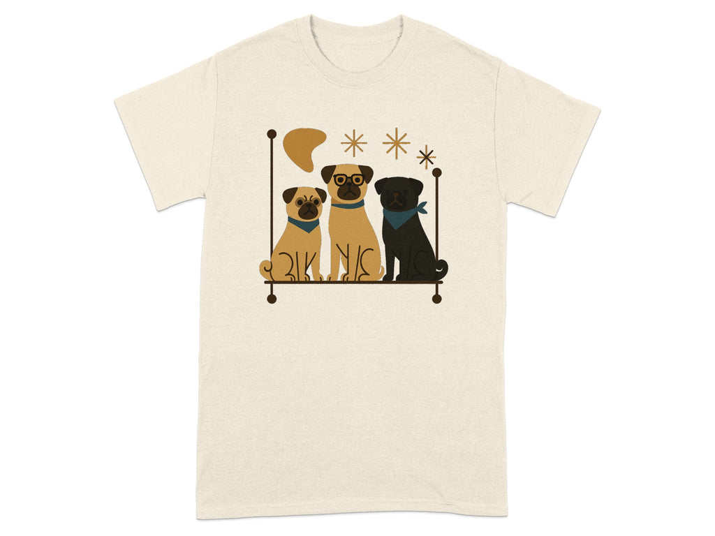 Three pugs, two light and one dark, sit on a shelf with star and boomerang decorations.