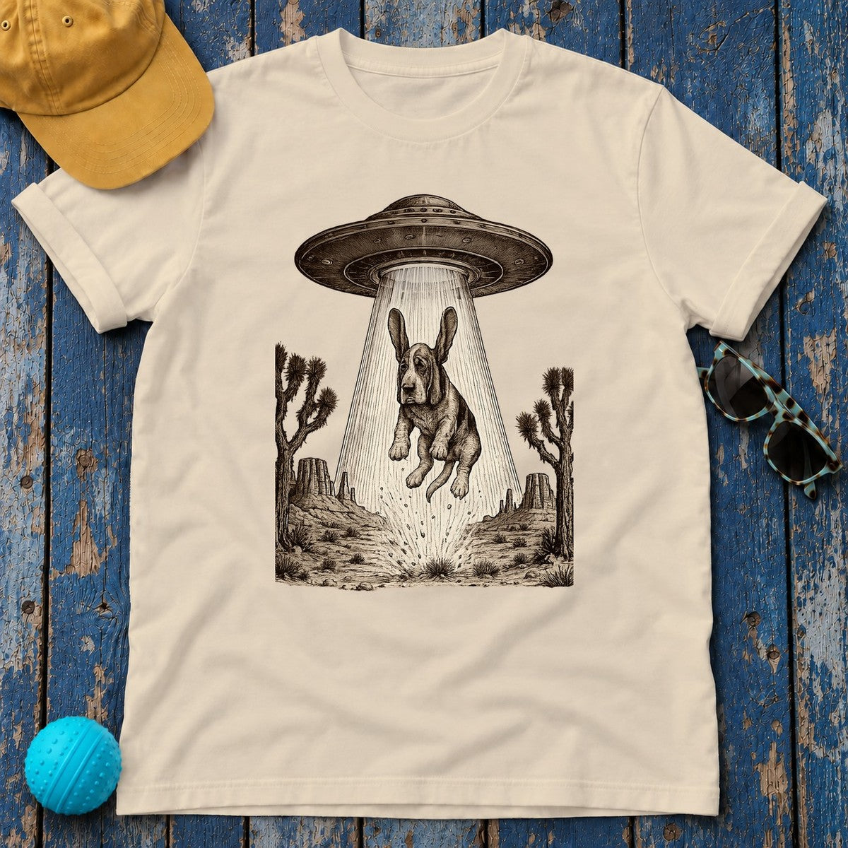 Abducted Basset Hound Odyssey T-Shirt in Sand