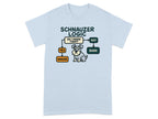 Light blue t-shirt with "Schnauzer Logic" flowchart graphic and cartoon schnauzer.