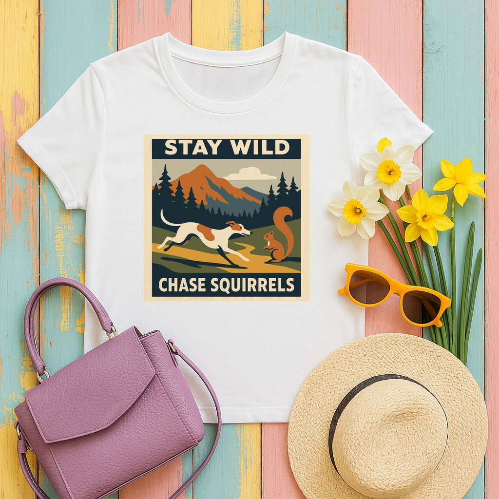 Greyhound Stay Wild Chase Squirrels Tee in White