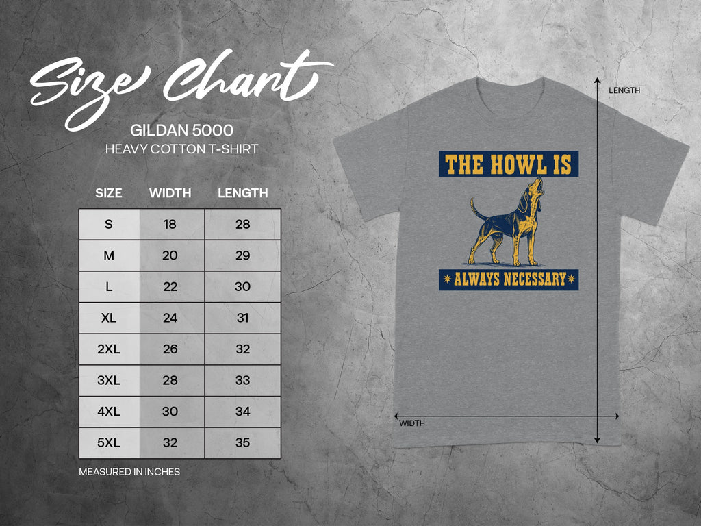 Gildan 5000 heavy cotton t-shirt size chart with measurements.