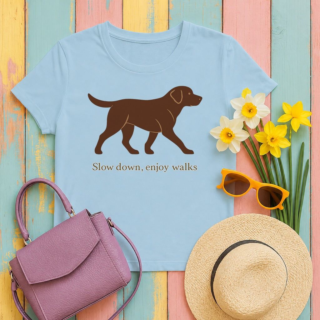 Chocolate Lab Slow Down Enjoy Walks T-shirt in Light Blue