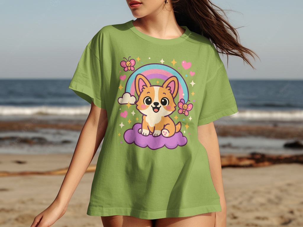 Cute Corgi Rainbow Graphic Tee for Beach Outfits