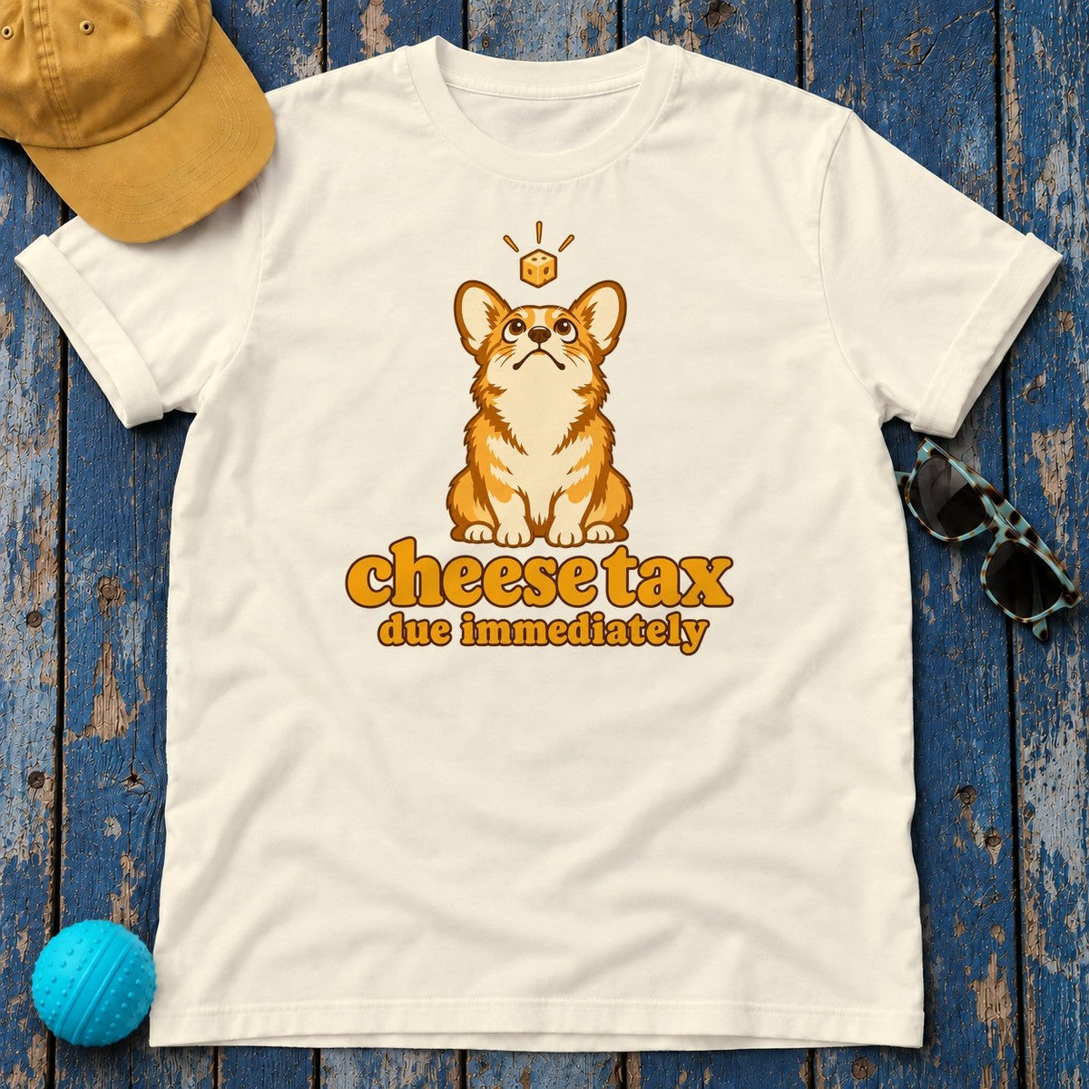 Cheese Tax Due Immediately Corgi T-Shirt in Natural
