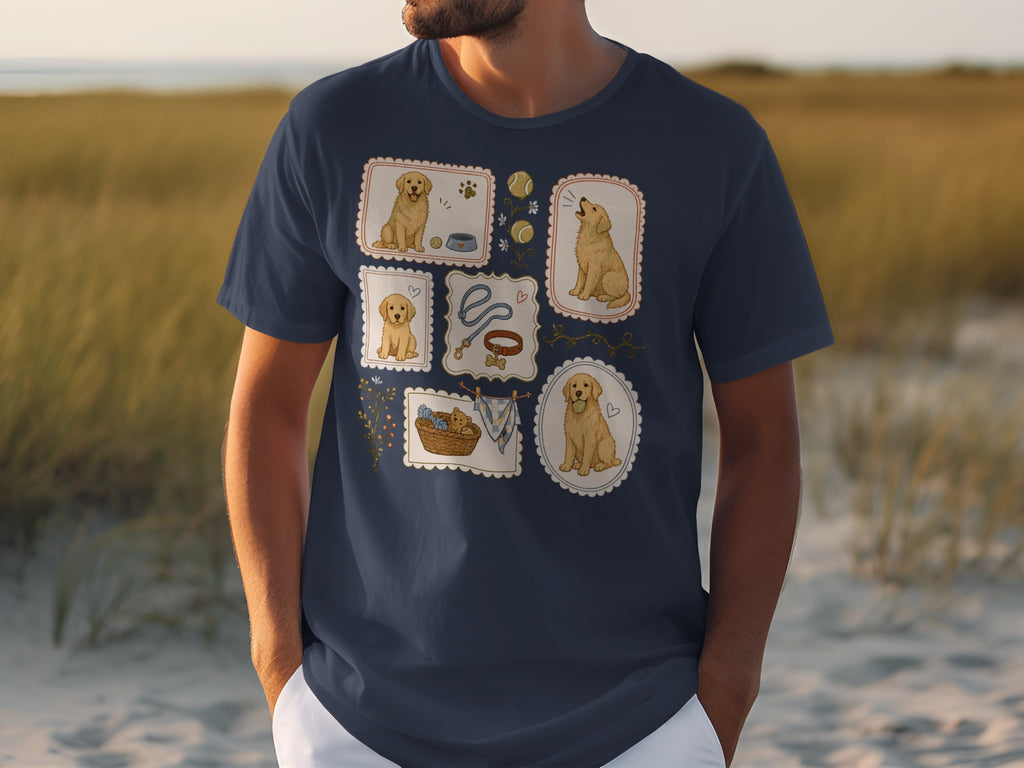 T-shirt with six framed illustrations of golden retrievers and dog accessories.