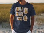 T-shirt with six framed illustrations of golden retrievers and dog accessories.