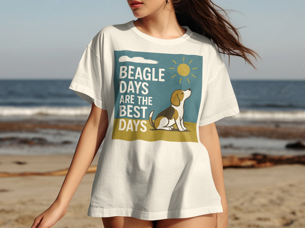 White t-shirt with "Beagle Days Are The Best Days" graphic and a beagle on a beach.