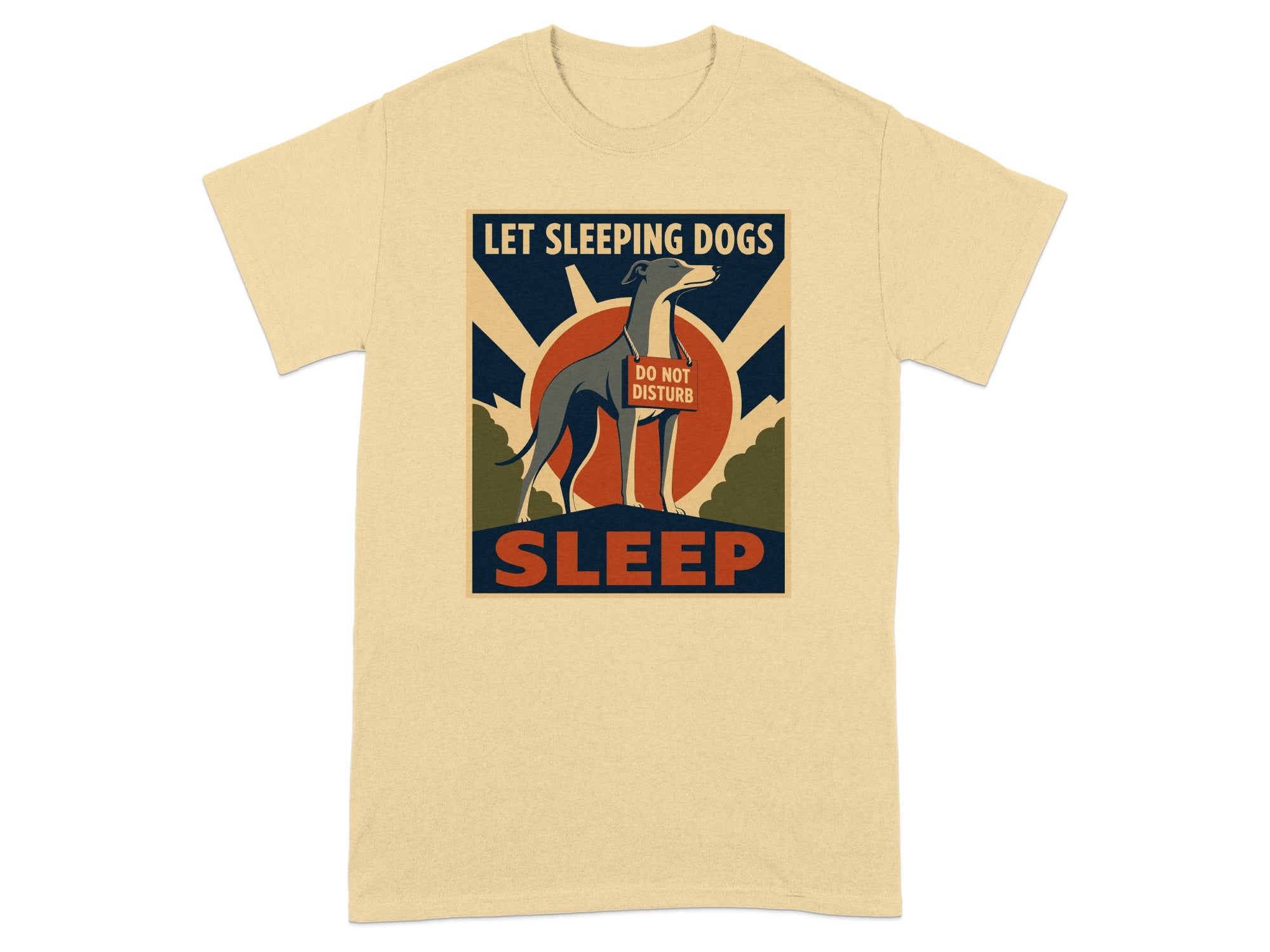 Light-colored t-shirt with a dog wearing a "Do Not Disturb" sign.